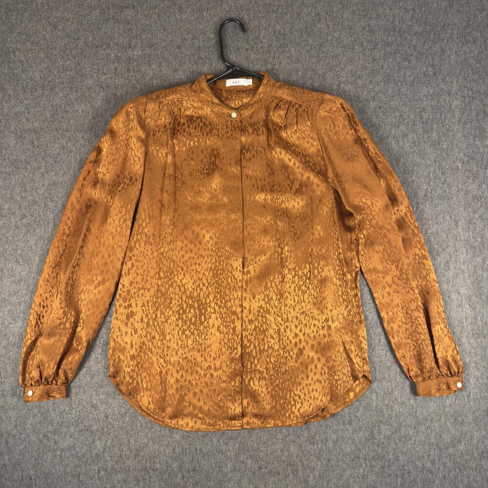 A.L.C. Blouse Womens 4 Brown Animal Print Silk Satin Long Sleeve High Neck Top